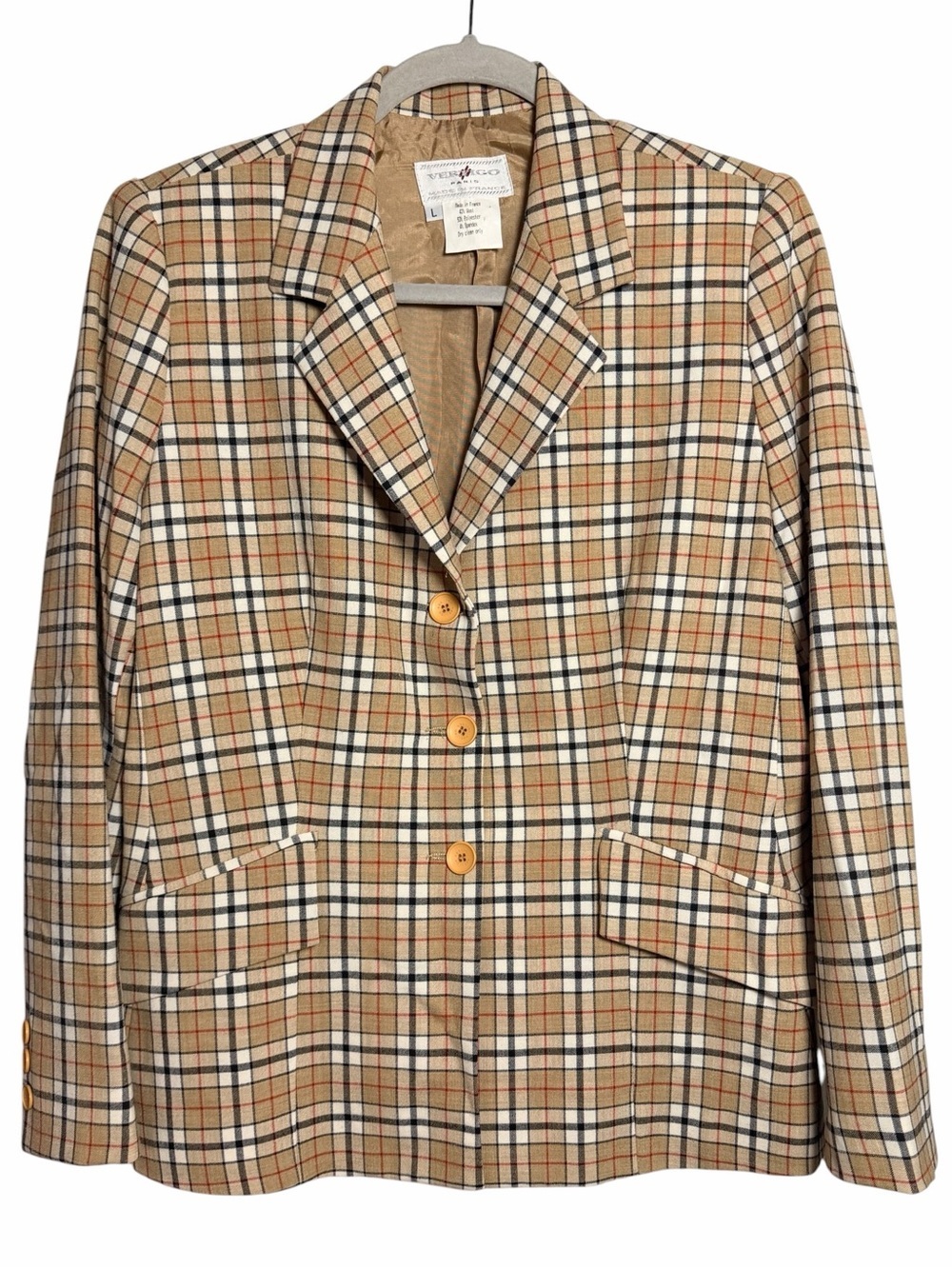 Vintage Vertigo Paris France Plaid Wool Blend Blazer Jacket L Made in France